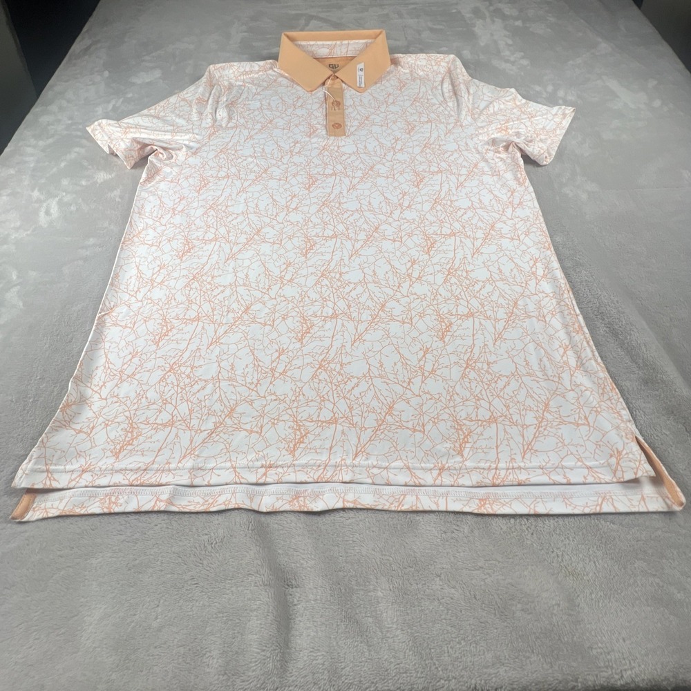 Graham Luxe Mens Size L Golf Polo Shirt White Peach Branches Print Short Sleeve